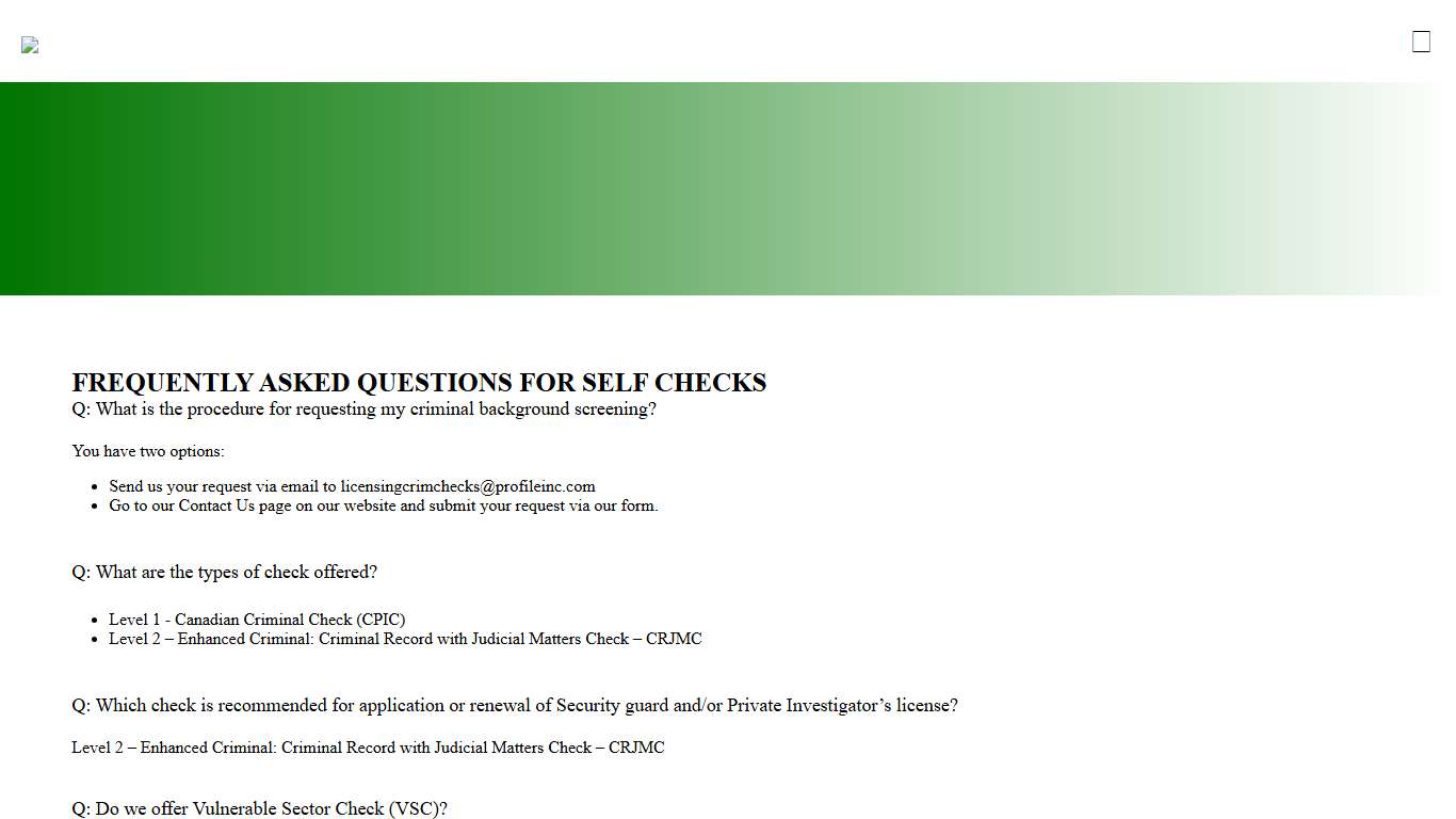 Profile Screening Services Self Check FAQs